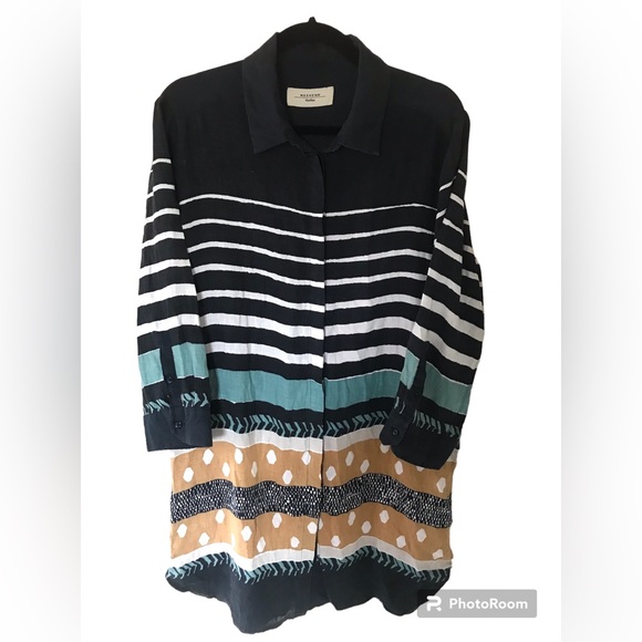 Multicolor And Multi Print Linen Collared Button Down Long Sleeve Shirt - Picture 9 of 9